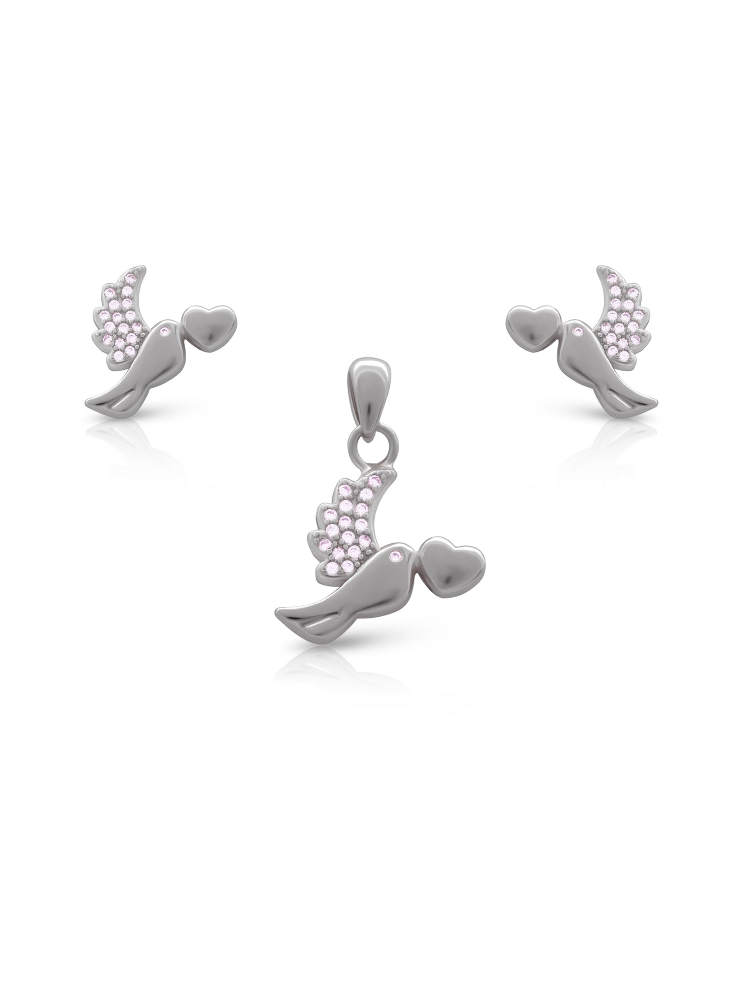 Nature-inspired sterling silver pendant set shaped like a bird holding a heart, detailed with Swarovski zircons for a radiant sparkle.