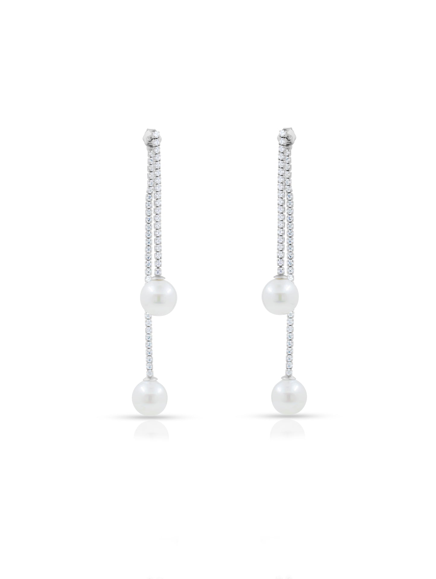 Contemporary hanging pearl earrings blending elegance and sophistication.