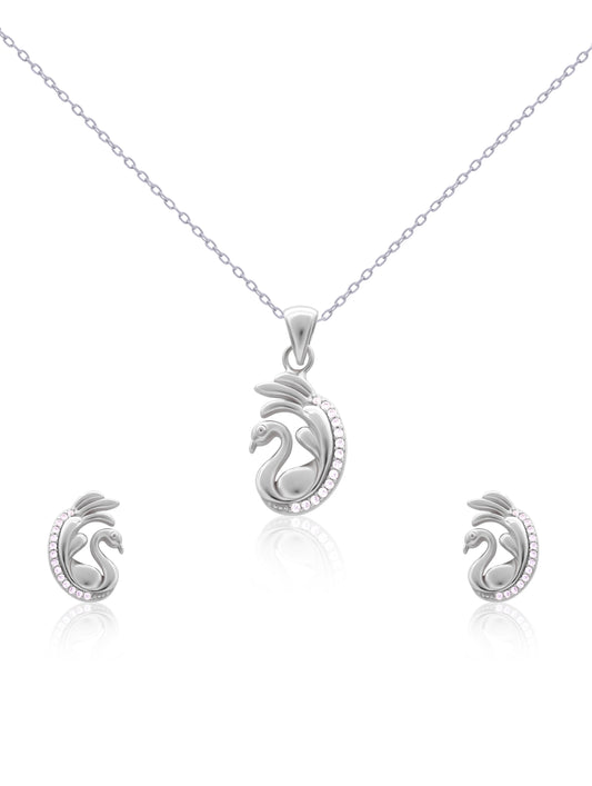 Close-up of premium silver swan pendant featuring sparkling zircon accents and curved wings.