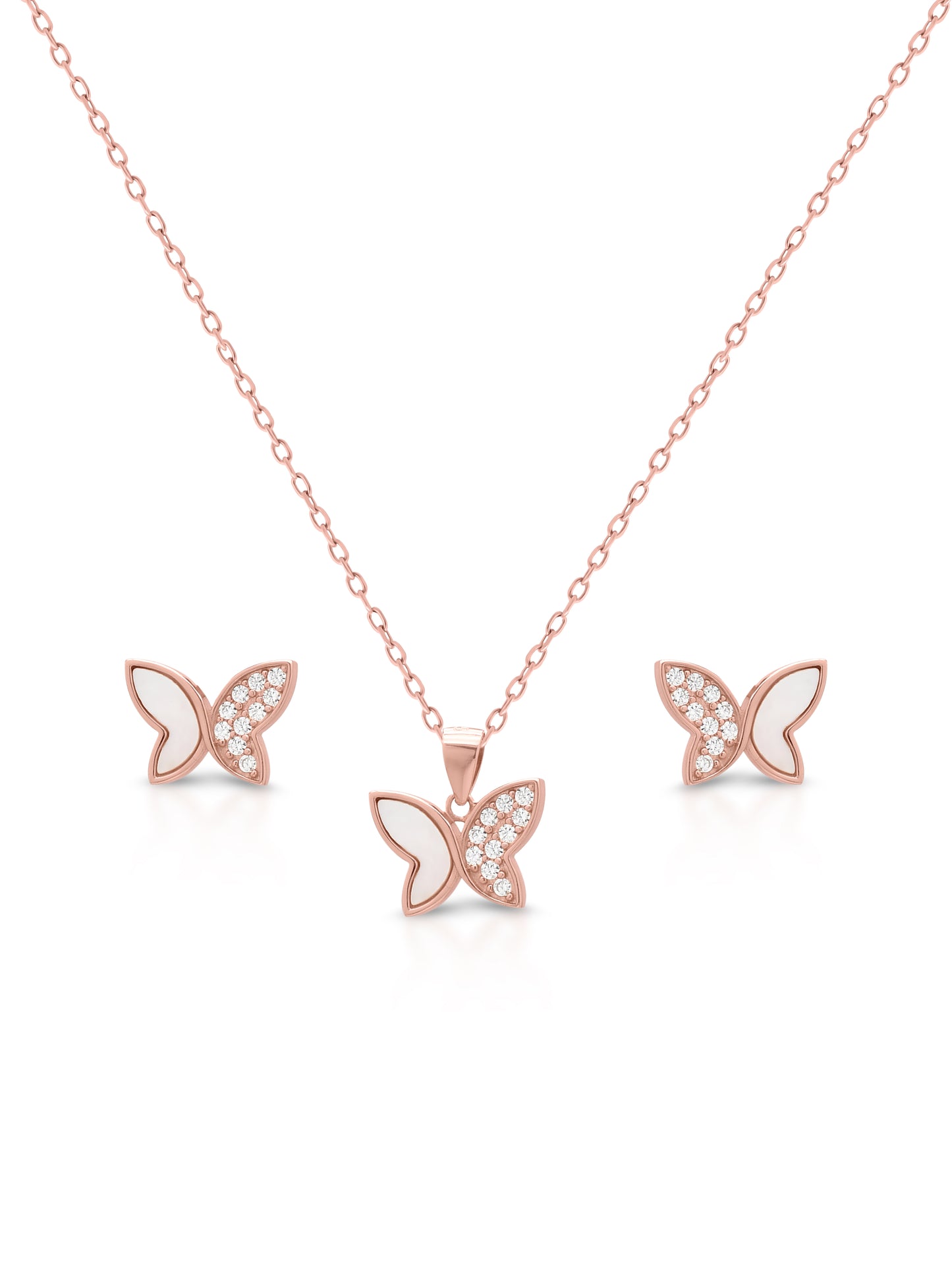 Close-up of rose gold butterfly pendant with Swarovski crystals and mother of pearl detailing, timeless and graceful design.