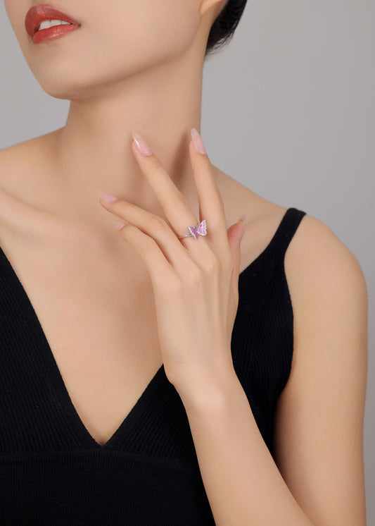 Adjustable silver butterfly ring with pink enamel wings â feminine jewelry.