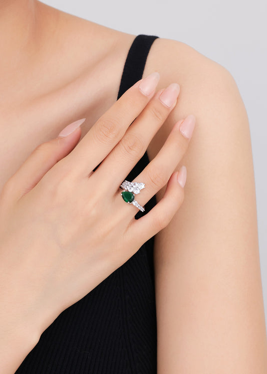 Sophisticated silver ring with green stone and white Swarovski zircon — gift for her.
