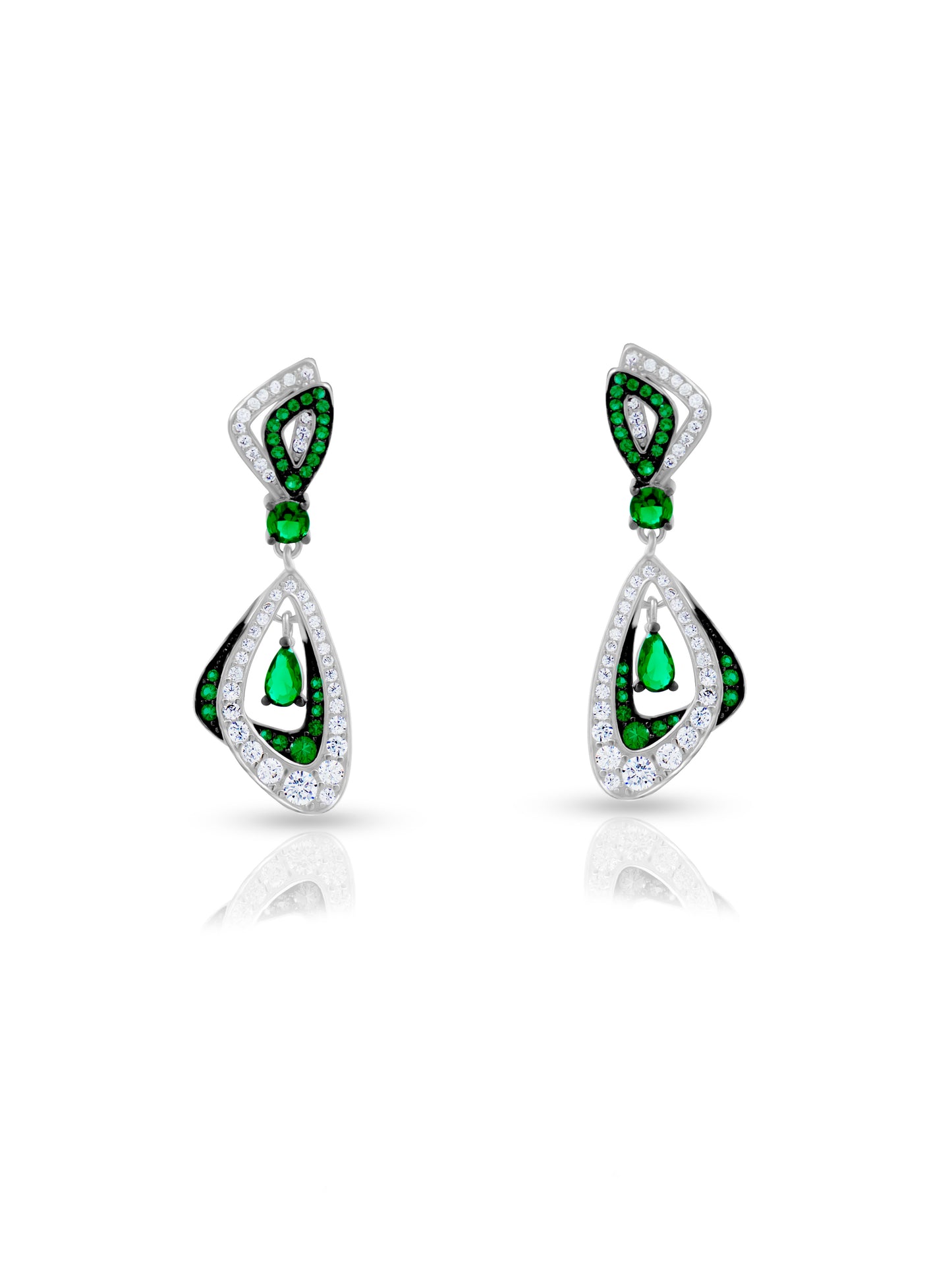 Sterling silver earrings with green emerald stones and white Swarovski zircons.