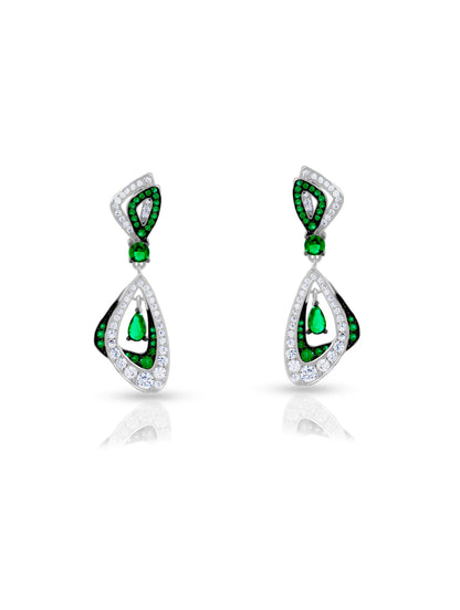 Sterling silver earrings with green emerald stones and white Swarovski zircons.