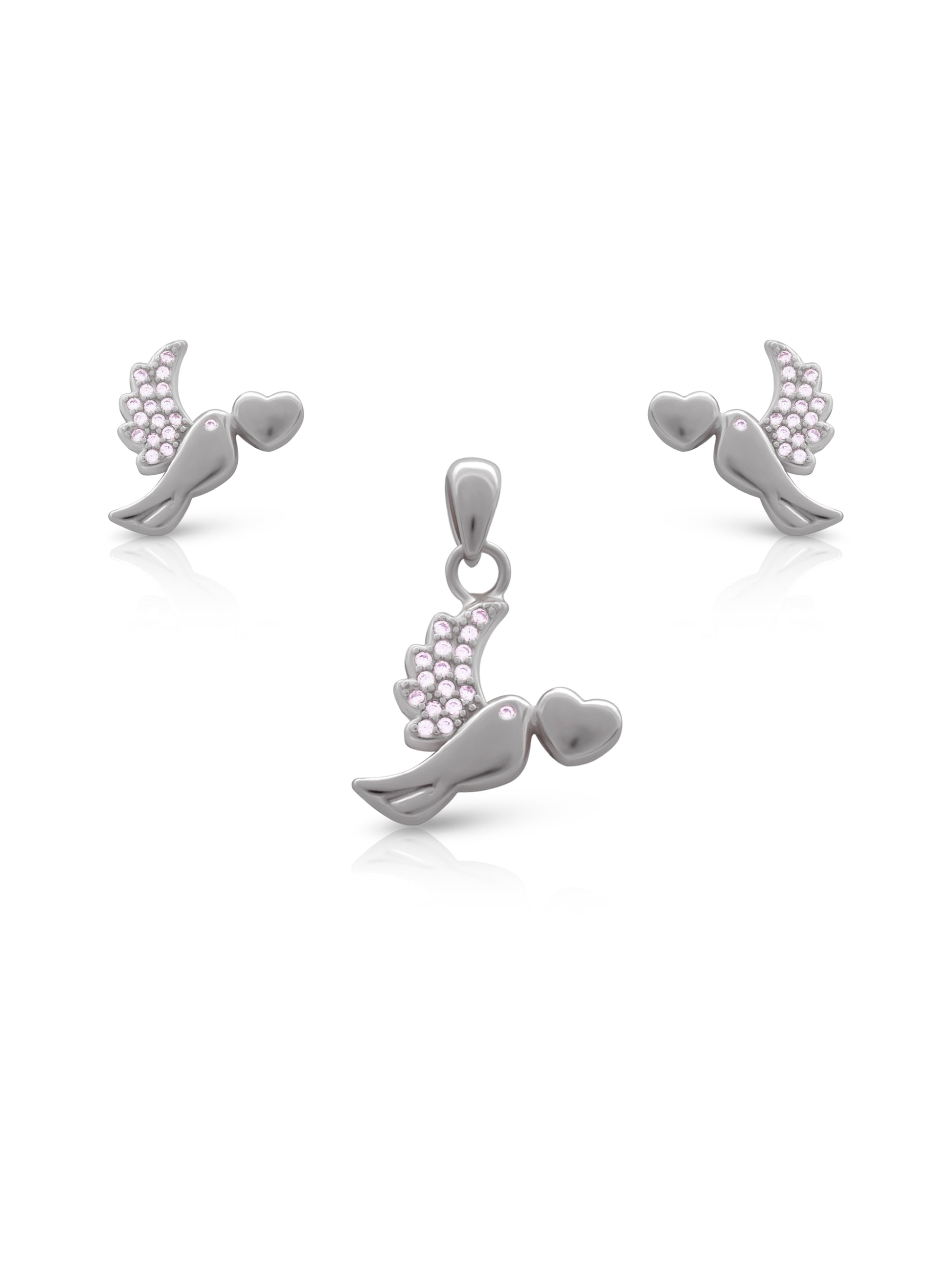 Nature-inspired sterling silver pendant set shaped like a bird holding a heart, detailed with Swarovski zircons for a radiant sparkle.