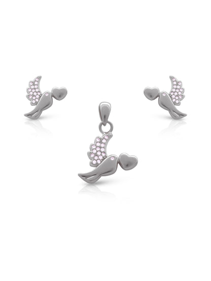 Nature-inspired sterling silver pendant set shaped like a bird holding a heart, detailed with Swarovski zircons for a radiant sparkle.