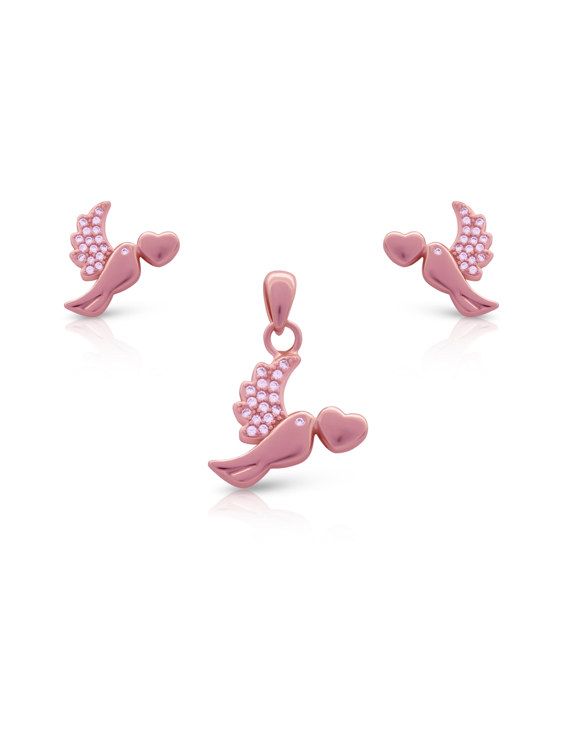 “Rose gold bird pendant with zircon stone wings”