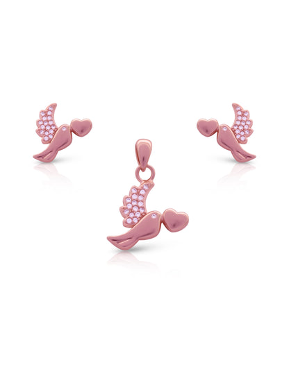 “Rose gold bird pendant with zircon stone wings”