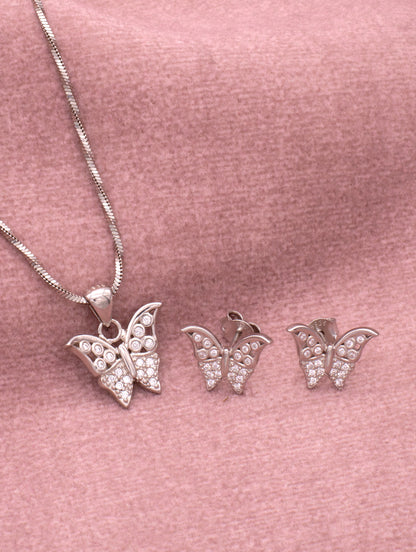 Dainty silver butterfly pendant with zircon-studded wings and polished finish.