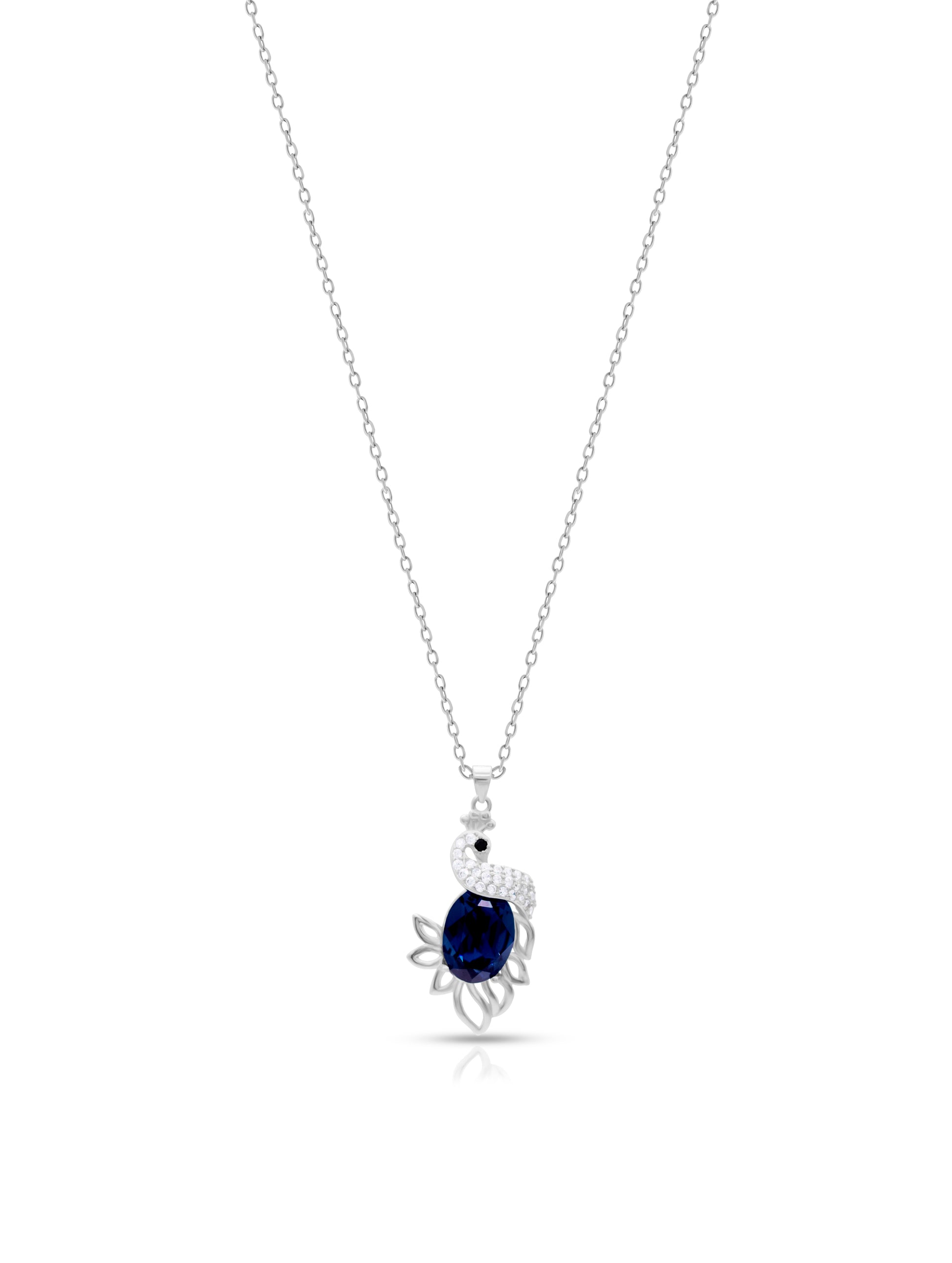 Sterling silver chain with peacock pendant featuring blue spinel and white zircon.