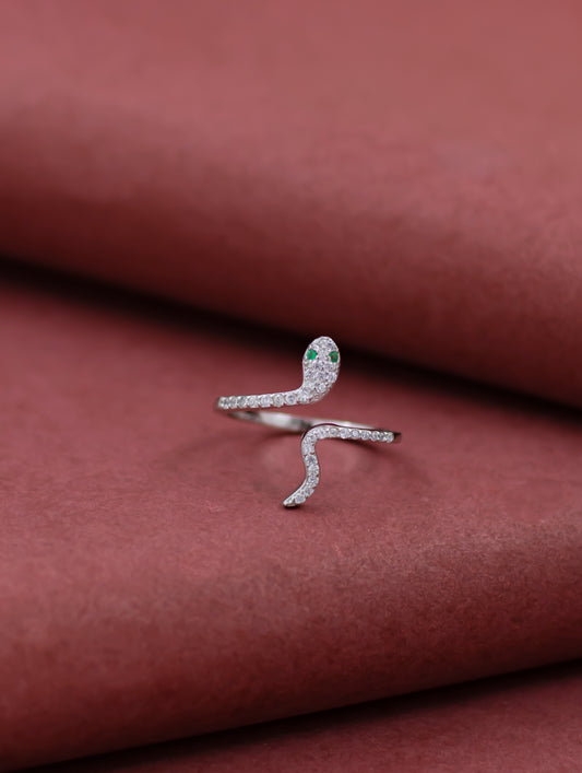 Text (5 options):

Sterling silver adjustable snake ring with white Swarovski zircon.