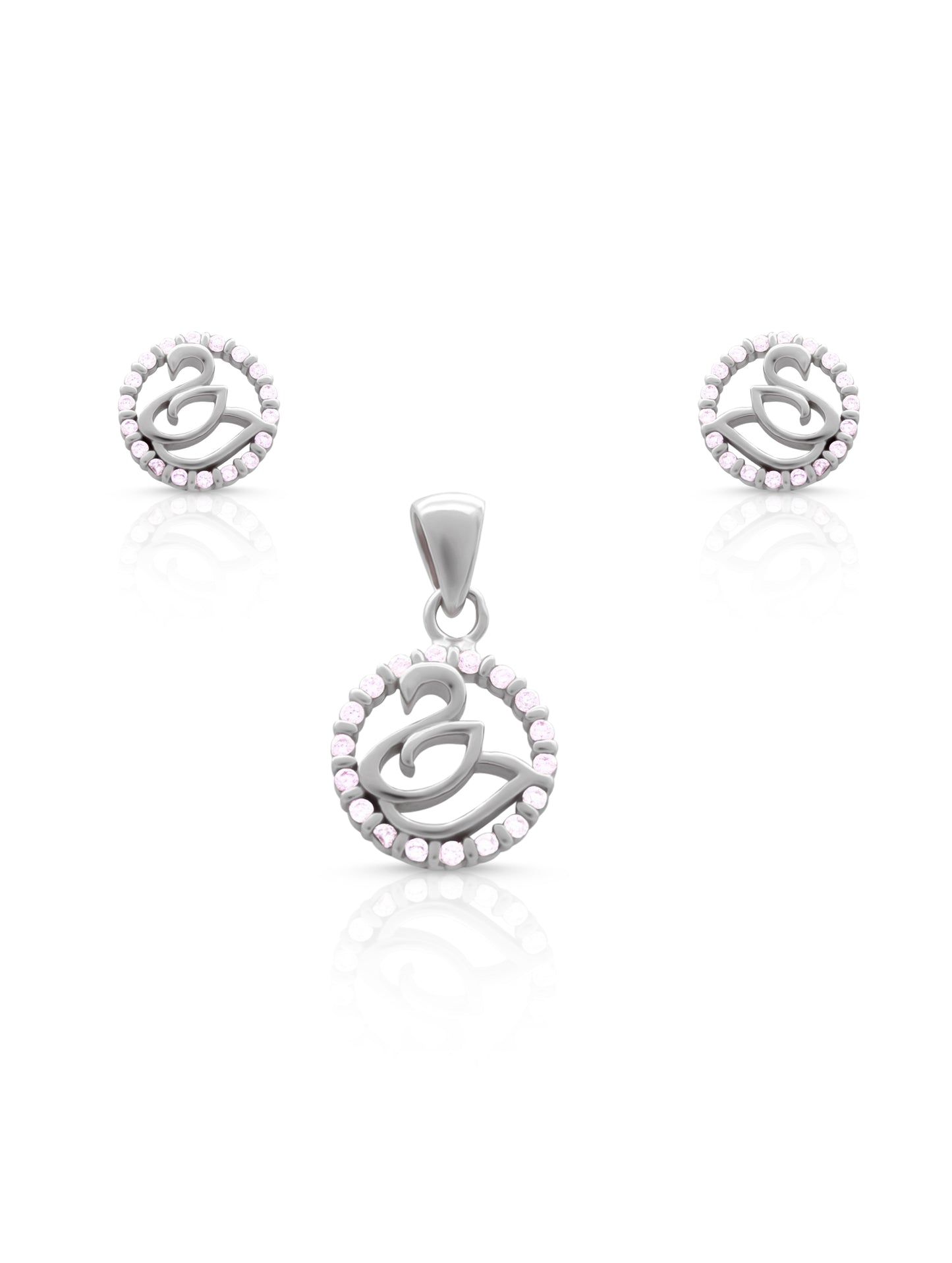 Graceful swan pendant in silver polish, adorned with zircon stones and sleek design.