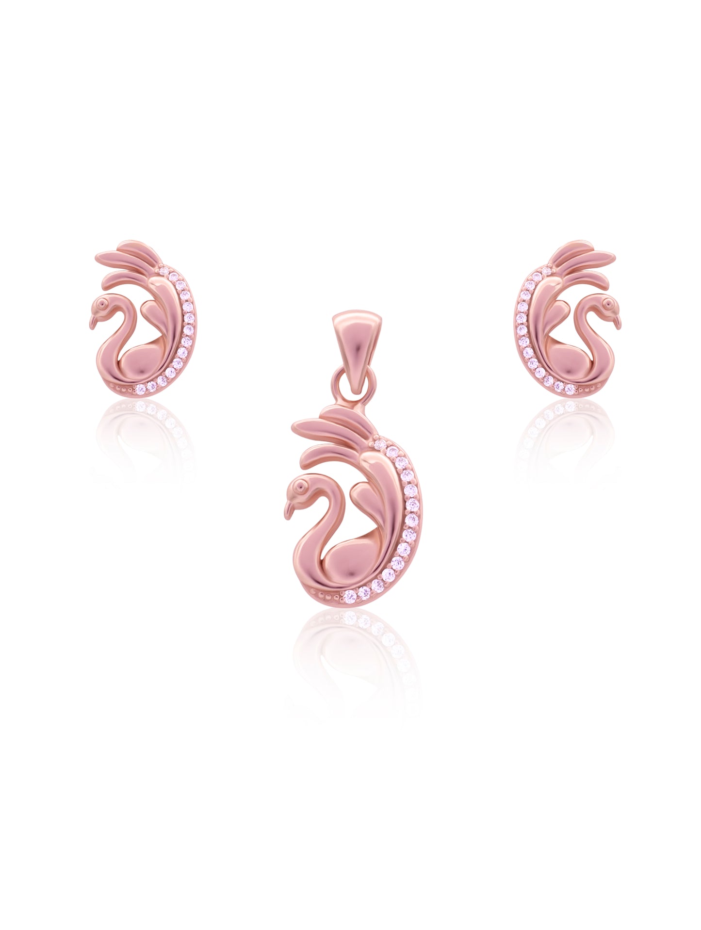 Rose gold swan pendant adorned with zircon stones — elegant and luxurious jewelry design.