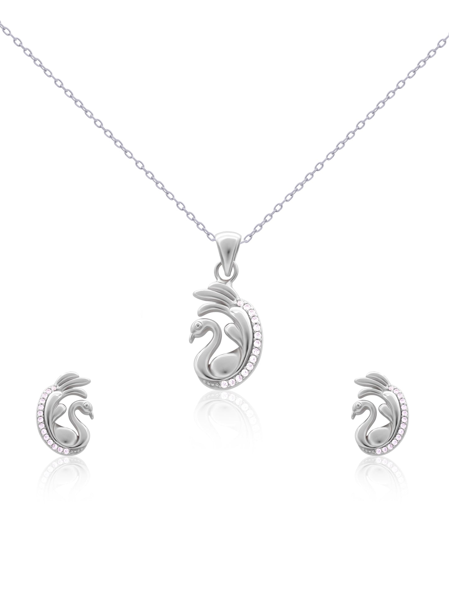 Close-up of premium silver swan pendant featuring sparkling zircon accents and curved wings.