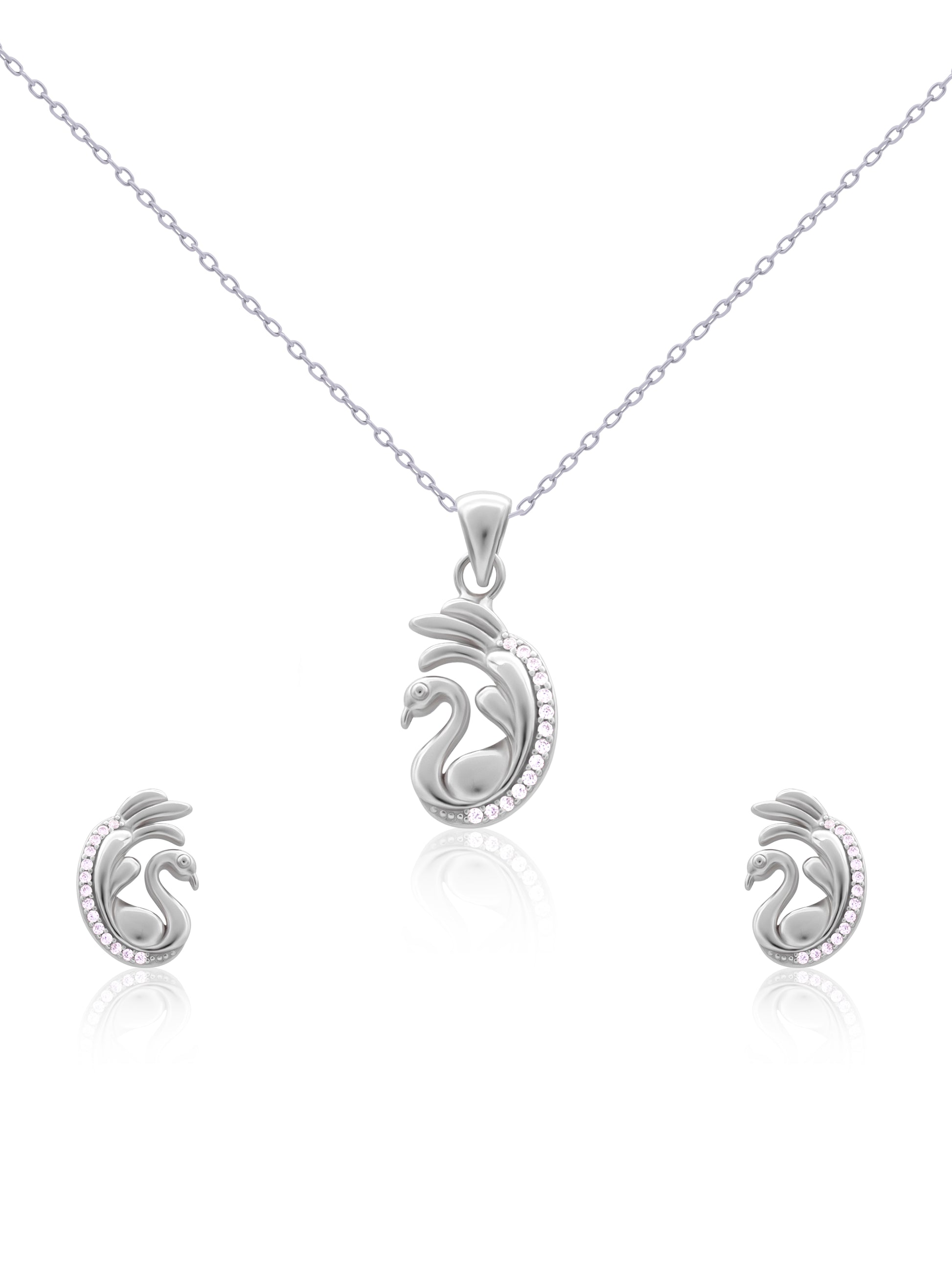 Close-up of premium silver swan pendant featuring sparkling zircon accents and curved wings.