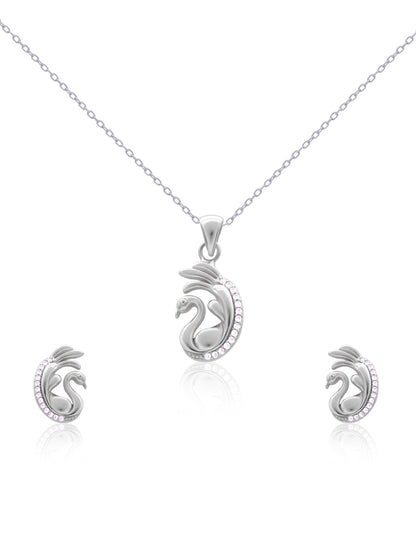 Close-up of premium silver swan pendant featuring sparkling zircon accents and curved wings.