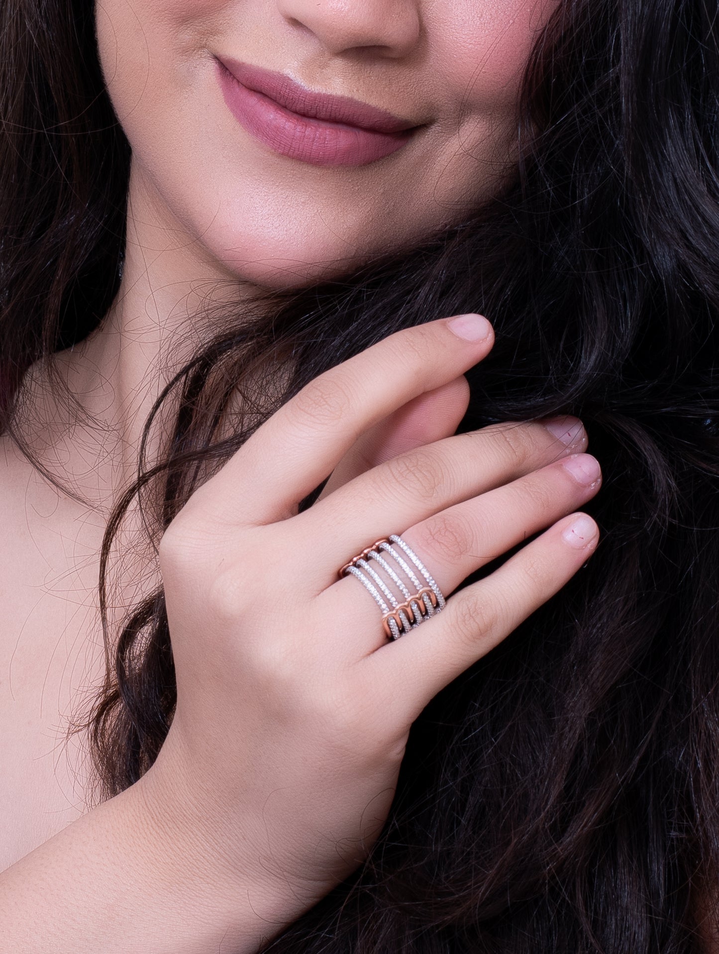 Adjustable dual-tone ring crafted with Swarovski crystals — luxury jewelry for women.