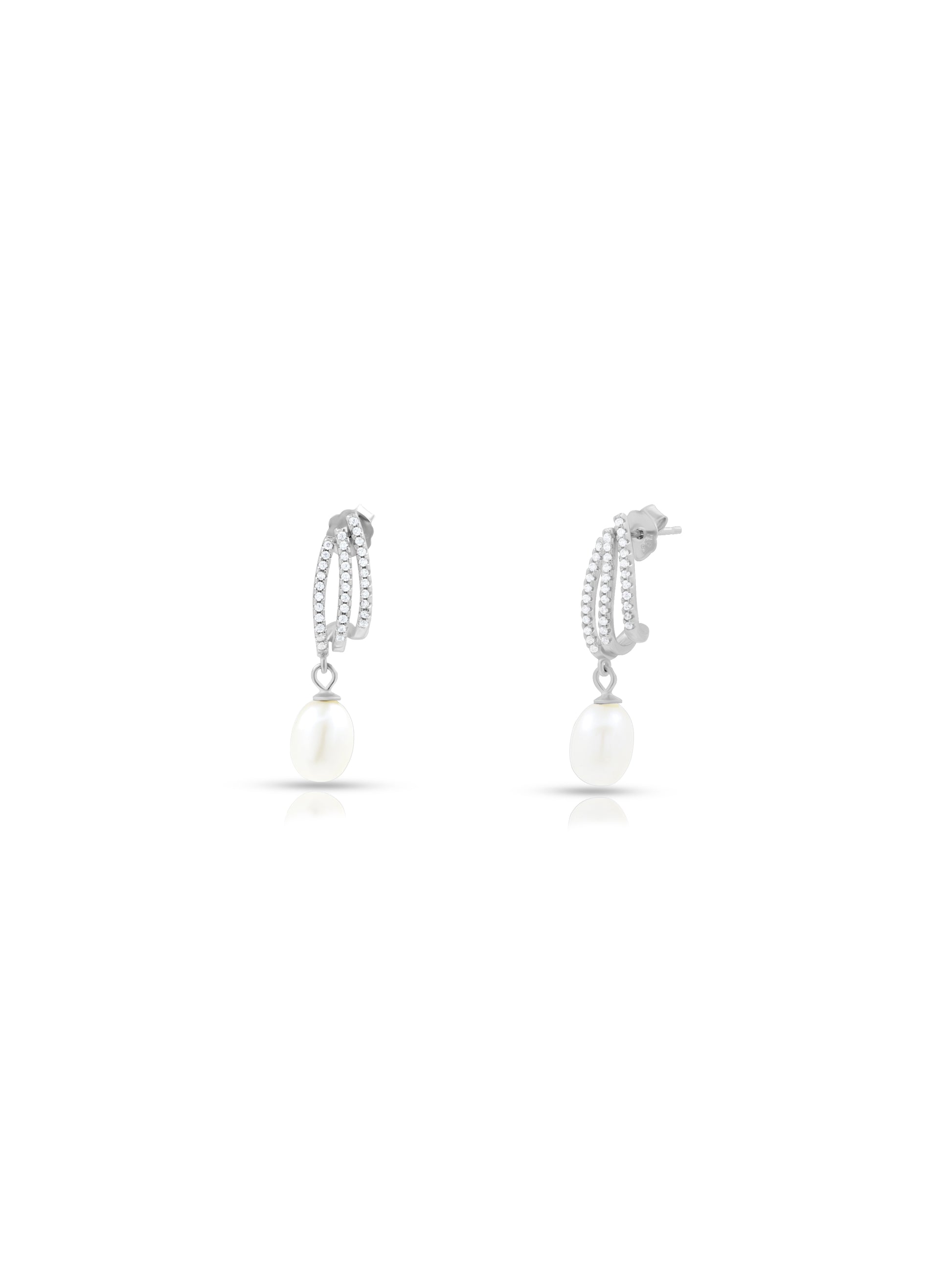 Sophisticated silver earrings with pearl and white Swarovski zircon — perfect gift.