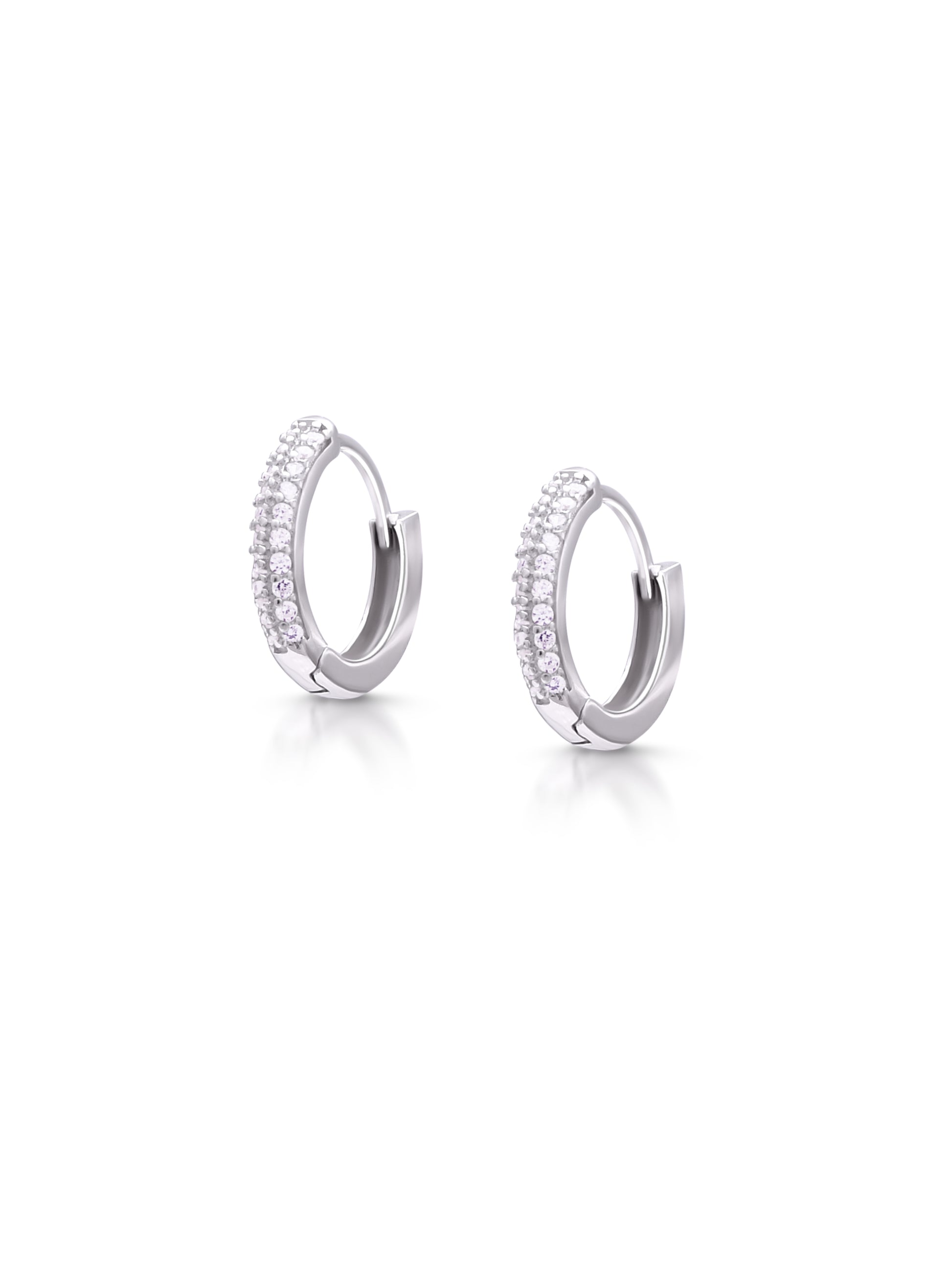 Intricate silver hoop earrings with sparkling zircon stones.