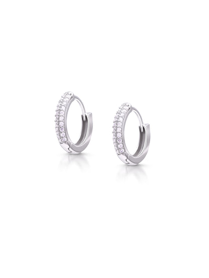 Intricate silver hoop earrings with sparkling zircon stones.