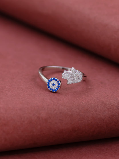 Sterling silver adjustable evil eye ring with blue stone and Swarovski zircons.