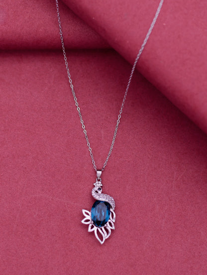 Silver pendant chain adorned with Swarovski zircon and blue gemstone.