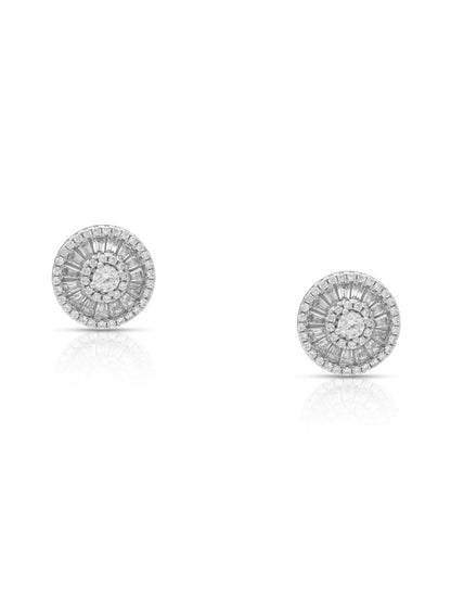 Close-up of silver zircon stud earrings for women.