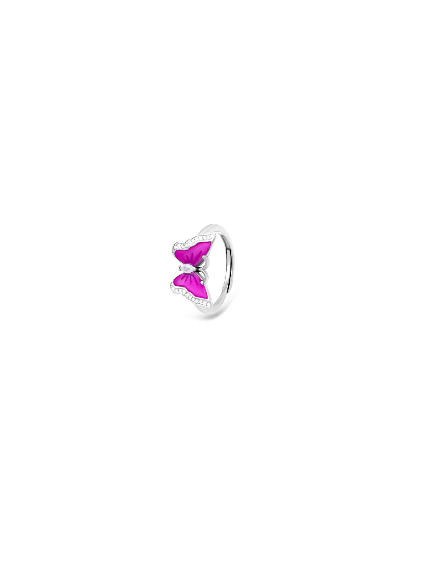 Elegant silver butterfly ring featuring pink enamel detailing.