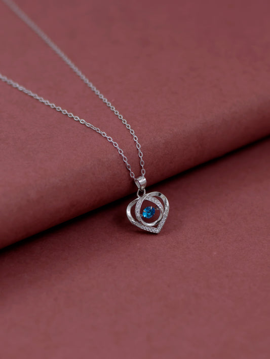 Sterling silver heart pendant chain with blue stone and Swarovski zircon.