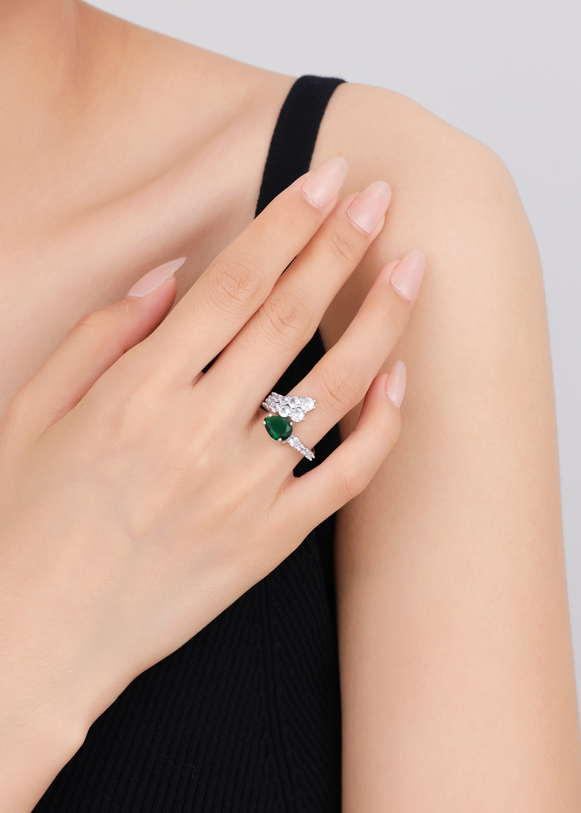 Sophisticated silver ring with green stone and white Swarovski zircon — gift for her.