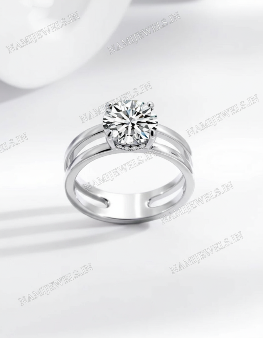 “92.5 sterling silver dual band solitaire ring reflecting brilliant sparkle and modern elegance.”