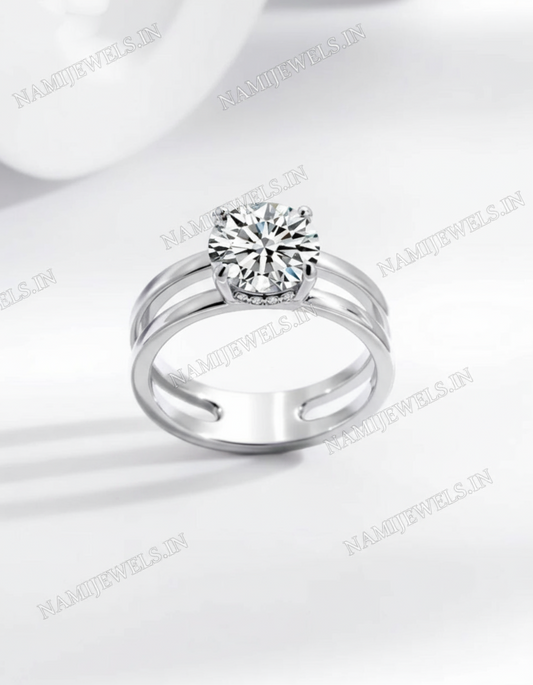 “92.5 sterling silver dual band solitaire ring reflecting brilliant sparkle and modern elegance.”