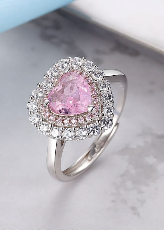 Sterling silver heart ring with semi-precious pink stone and white Swarovski zircon.