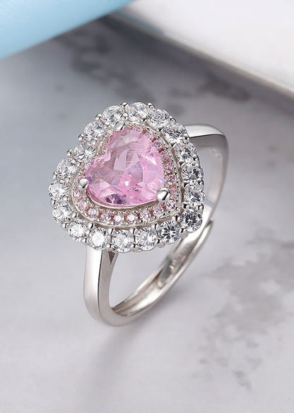 Sterling silver heart ring with semi-precious pink stone and white Swarovski zircon.