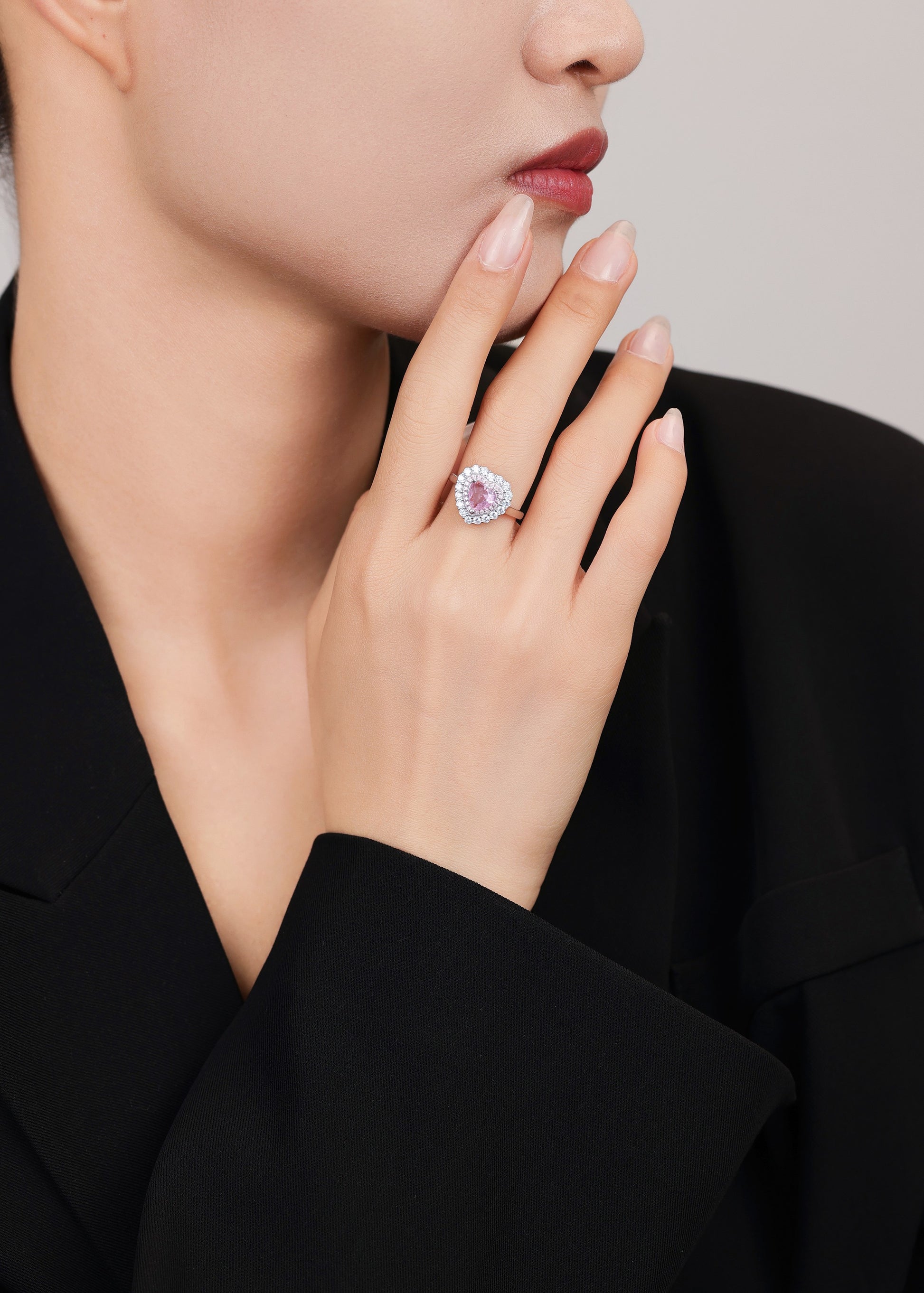 Feminine silver ring with pink semi-precious stone and white zircon — perfect gift.