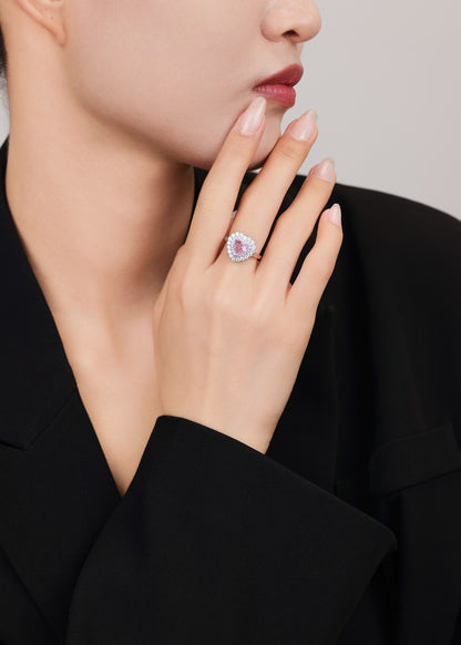 Feminine silver ring with pink semi-precious stone and white zircon — perfect gift.