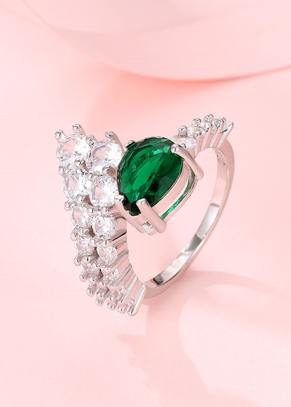 Sterling silver ring with vibrant green stone and white Swarovski zircon accents.