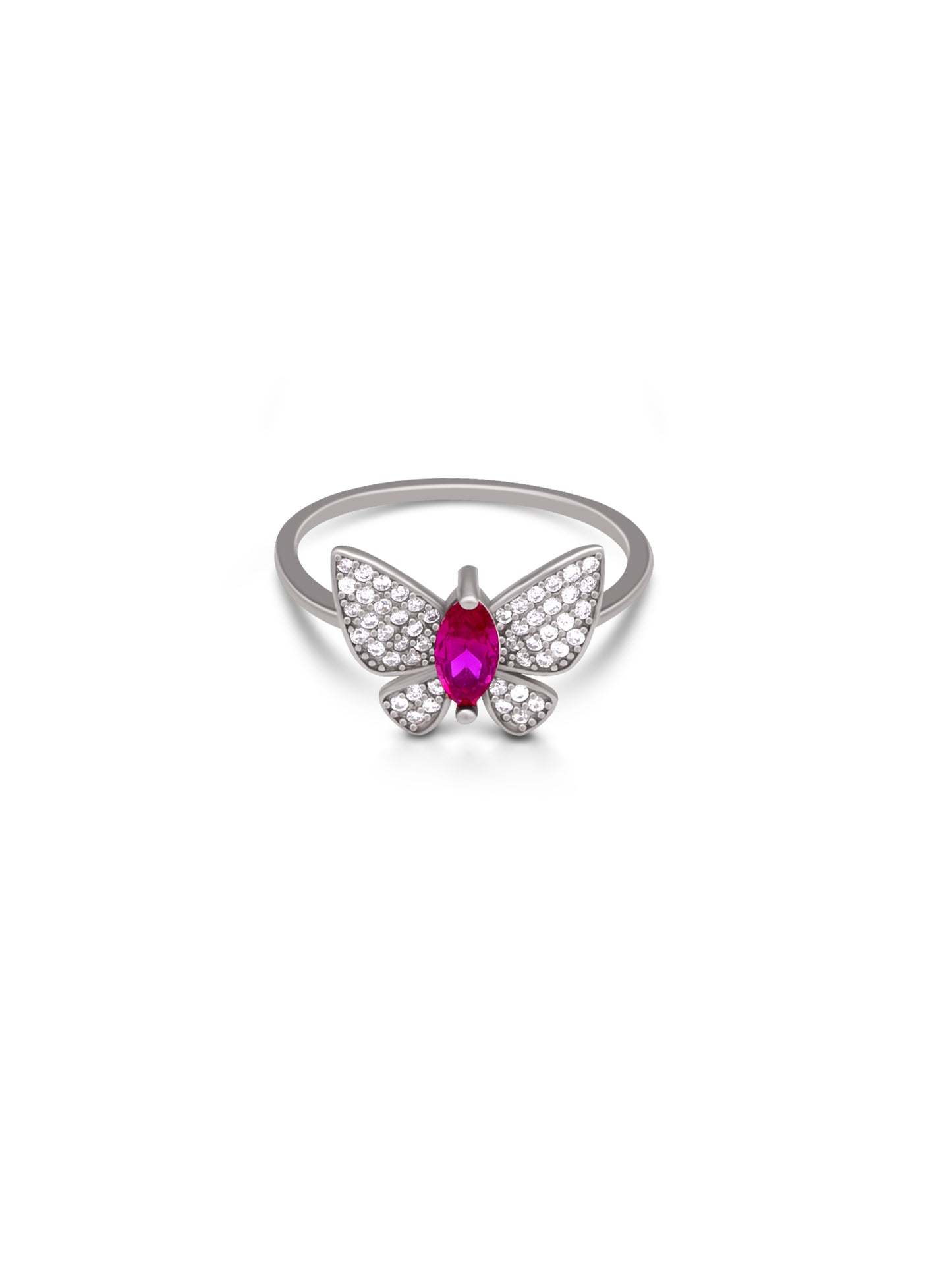 Delicate butterfly motif ring in 92.5 silver with Swarovski and pink stone accents