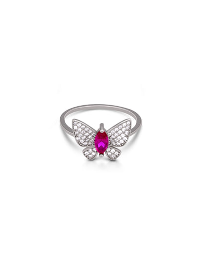 Delicate butterfly motif ring in 92.5 silver with Swarovski and pink stone accents