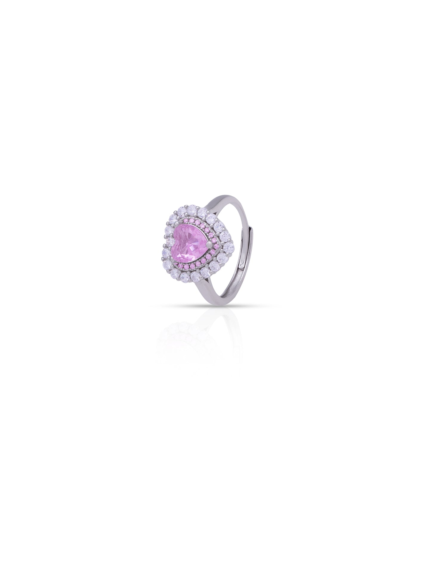 Delicate sterling silver heart ring adorned with pink stone and Swarovski zircon.