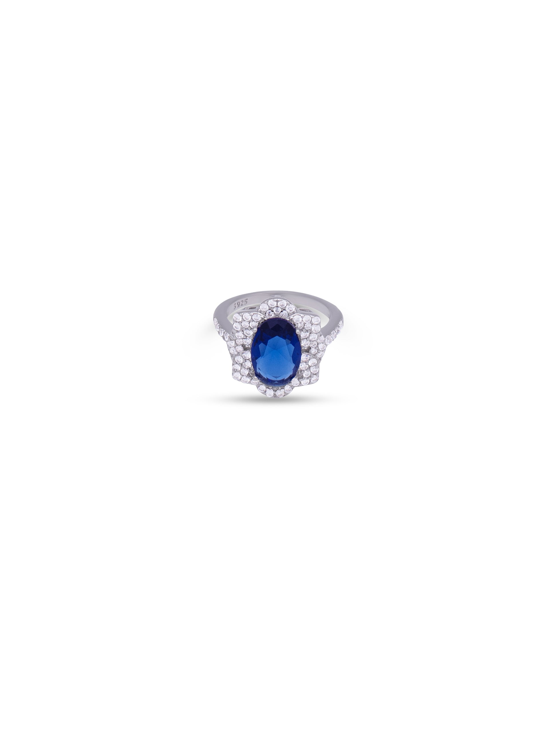 

Elegant sterling silver ring with blue stone centerpiece and Swarovski zircon detailing.