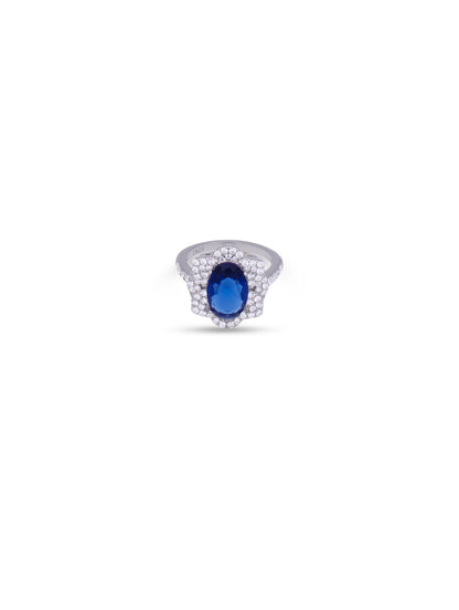 

Elegant sterling silver ring with blue stone centerpiece and Swarovski zircon detailing.