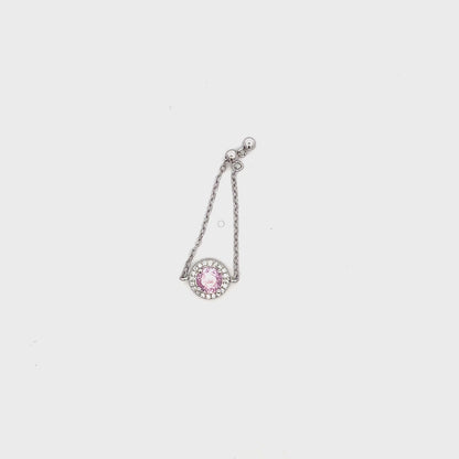 Dainty silver chain ring featuring a semi-precious pink stone and white Swarovski zircons.
