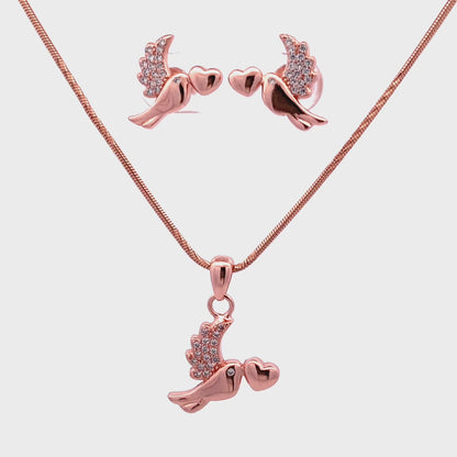 “Rose gold polished bird charm necklace with white zircons”