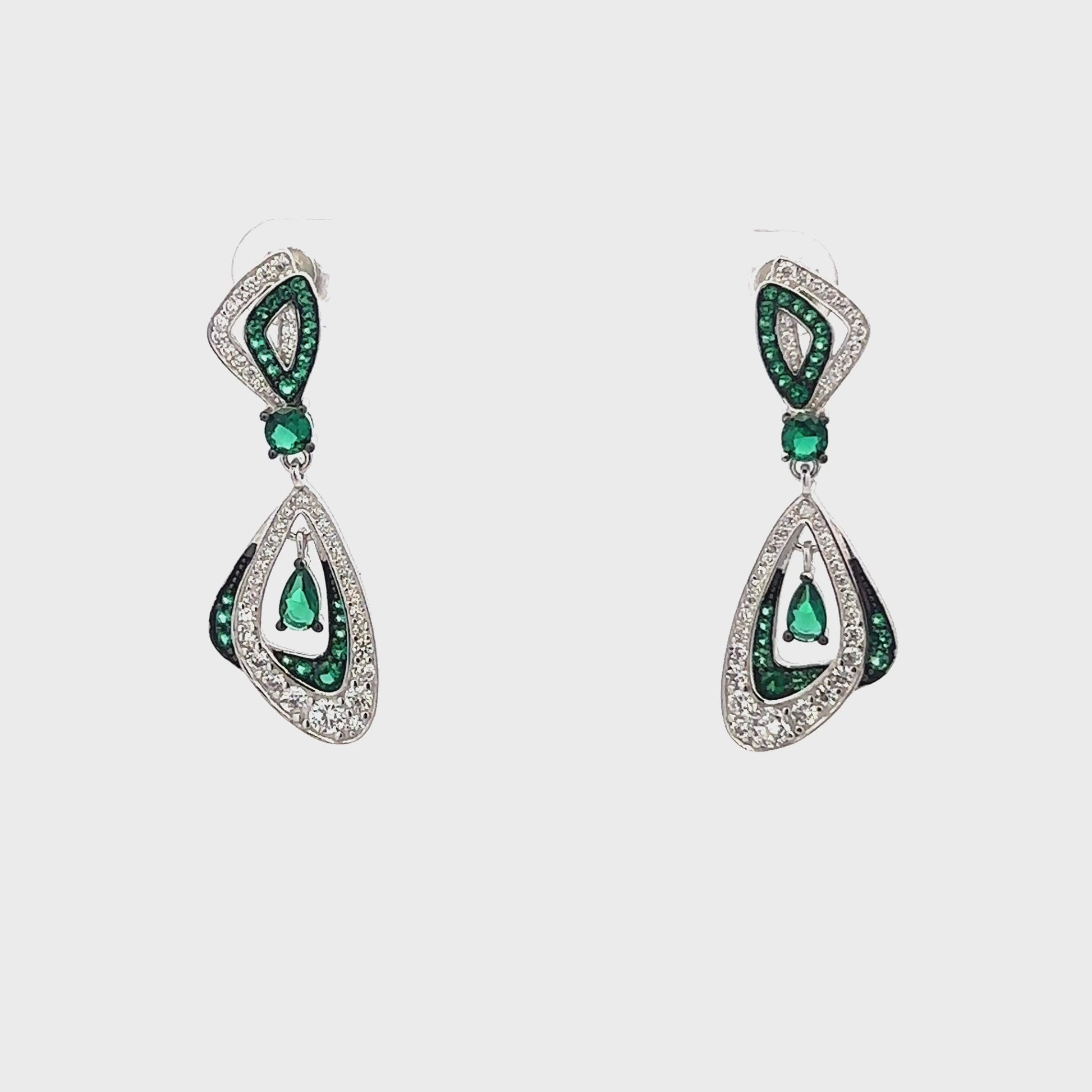 Classic emerald and zircon earrings in sterling silver setting.